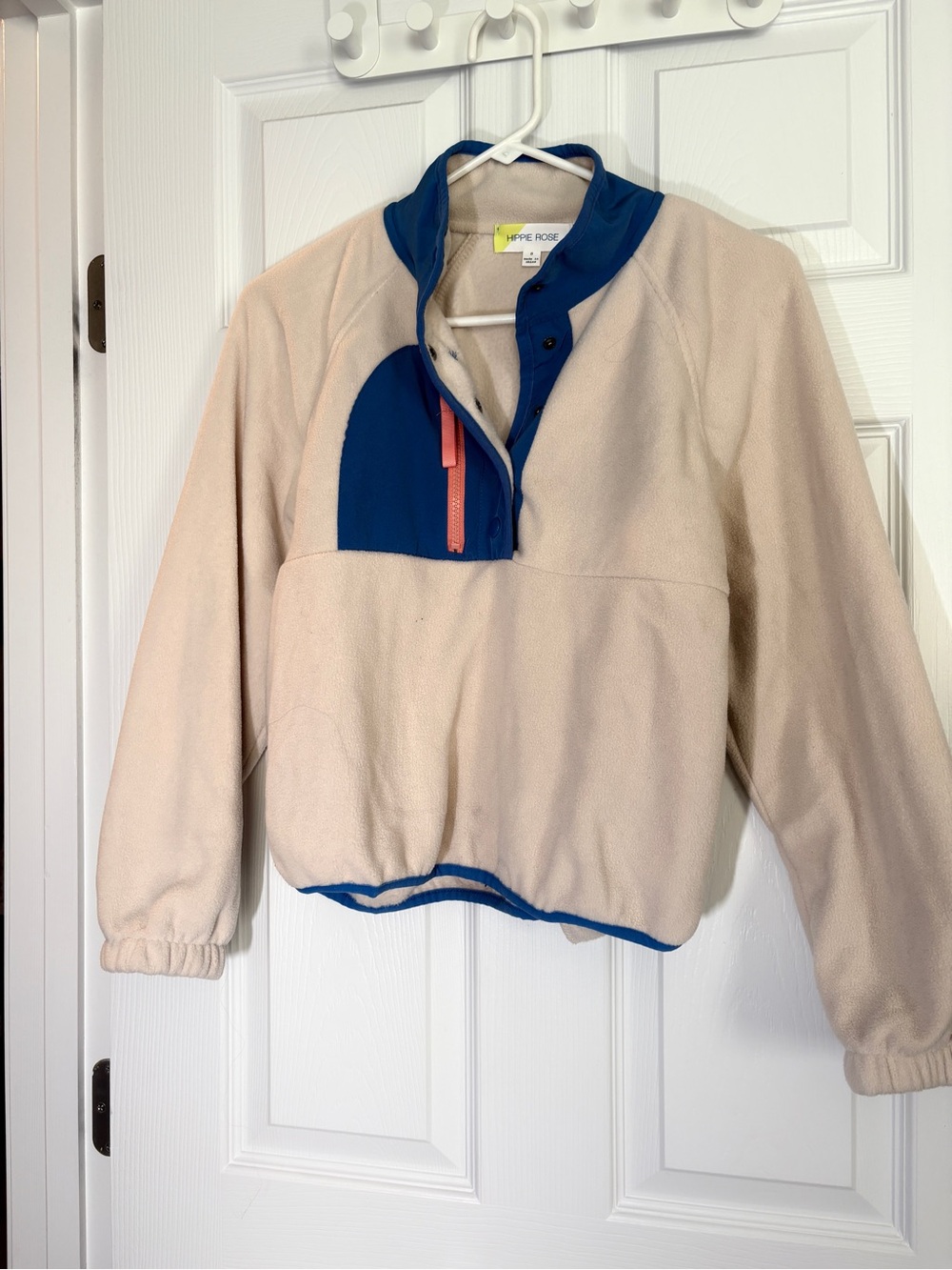 Hippie Rose Cream Fleece Pullover with Blue Trim